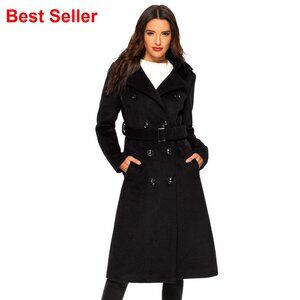Wool Blend Double Breasted Pea Coat with Belt Long Trench